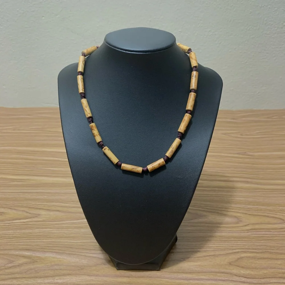 Vintage Boho Tube Bead Necklace Earthy Tribal Natural Style Brown Tan